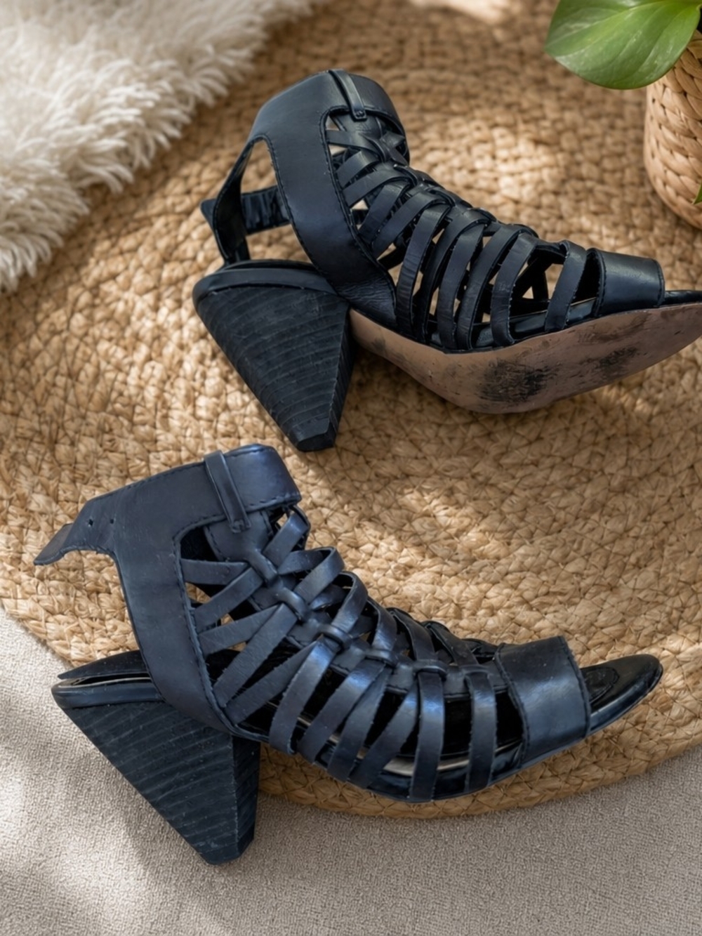 Black Strappy Wedge Sandals - Women